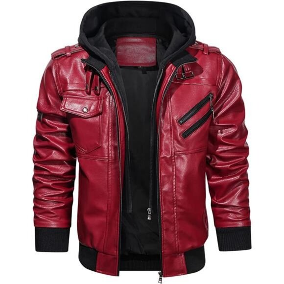 HOOD CREW Men’s Casual Stand Collar PU Faux Leather Zip-Up Motorcycle Bomber - Picture 4 of 6